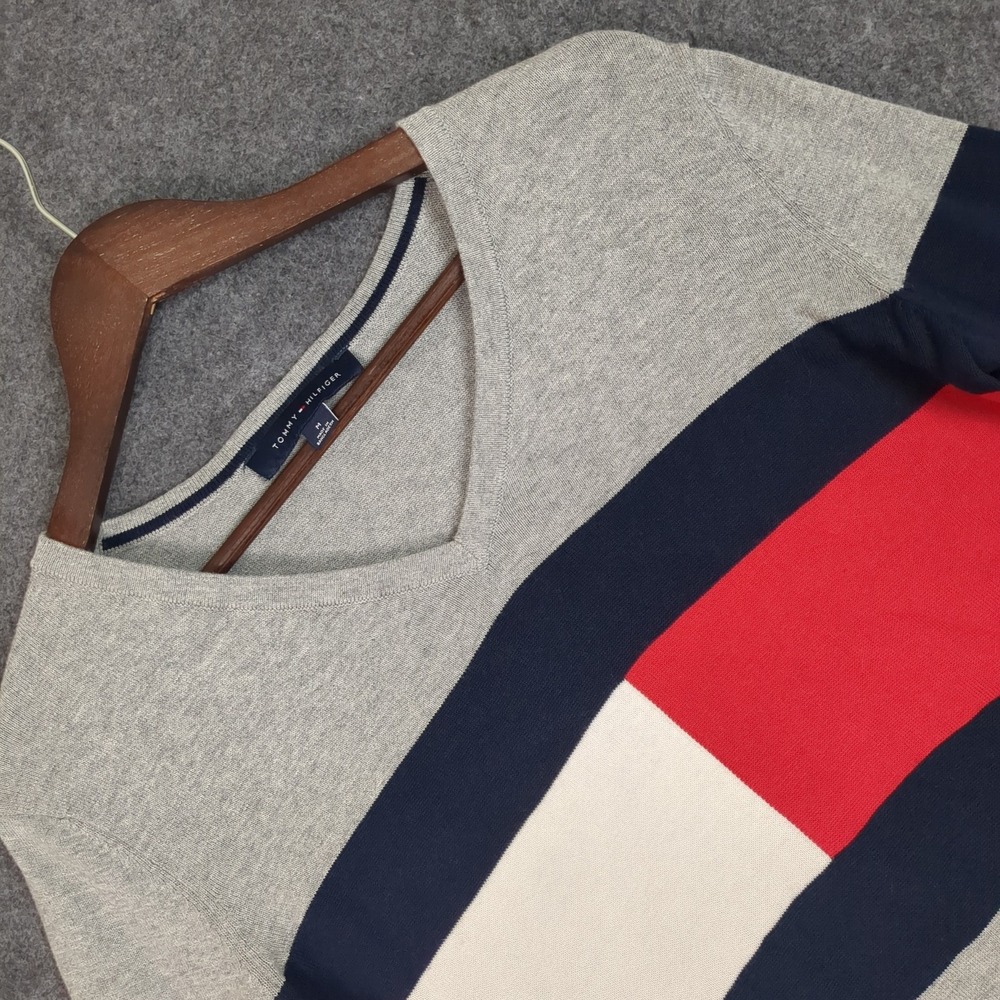 Tommy Hilfiger Mens V-Neck Colorblock Striped Knit Sweater Gray Navy Red Size M